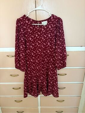 Burgundy Floral Long-Sleeve A-Line Dress